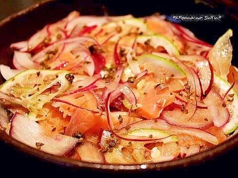 スモークサーモンの酢油漬け＊山椒風味